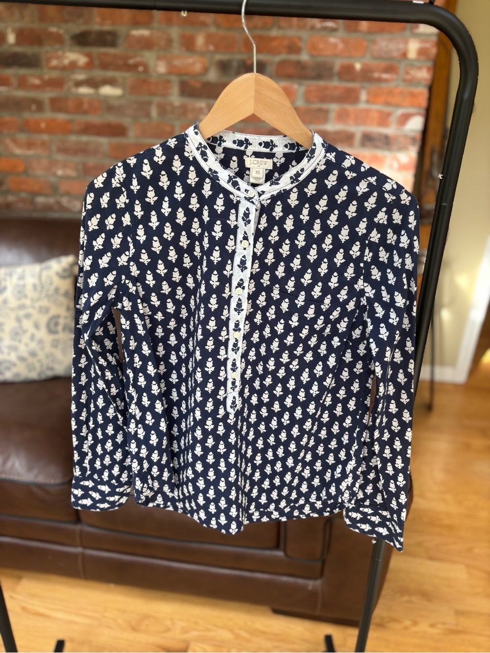 J. Crew Navy and White Floral Cotton Shirt